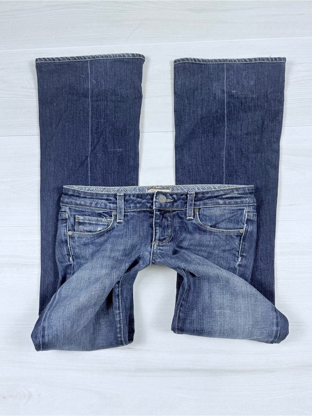Vintage Y2K PAIGE Dark Blue Bootcut low rise Jeans with Faded Whiskering